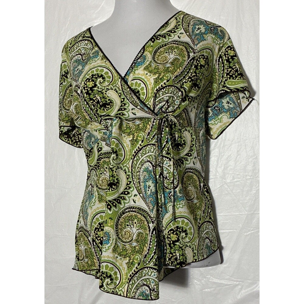 VTG Blue Diamond Plus Top Blouse Tie Waist V Neck Flutter Sleeve Paisley 18W
